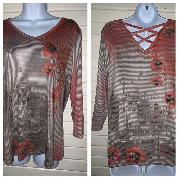 Christopher Banks Sz MEDIUM Taupe Rusty Red Knit Pullover Tunic Bling Floral EUC - Picture 1 of 11